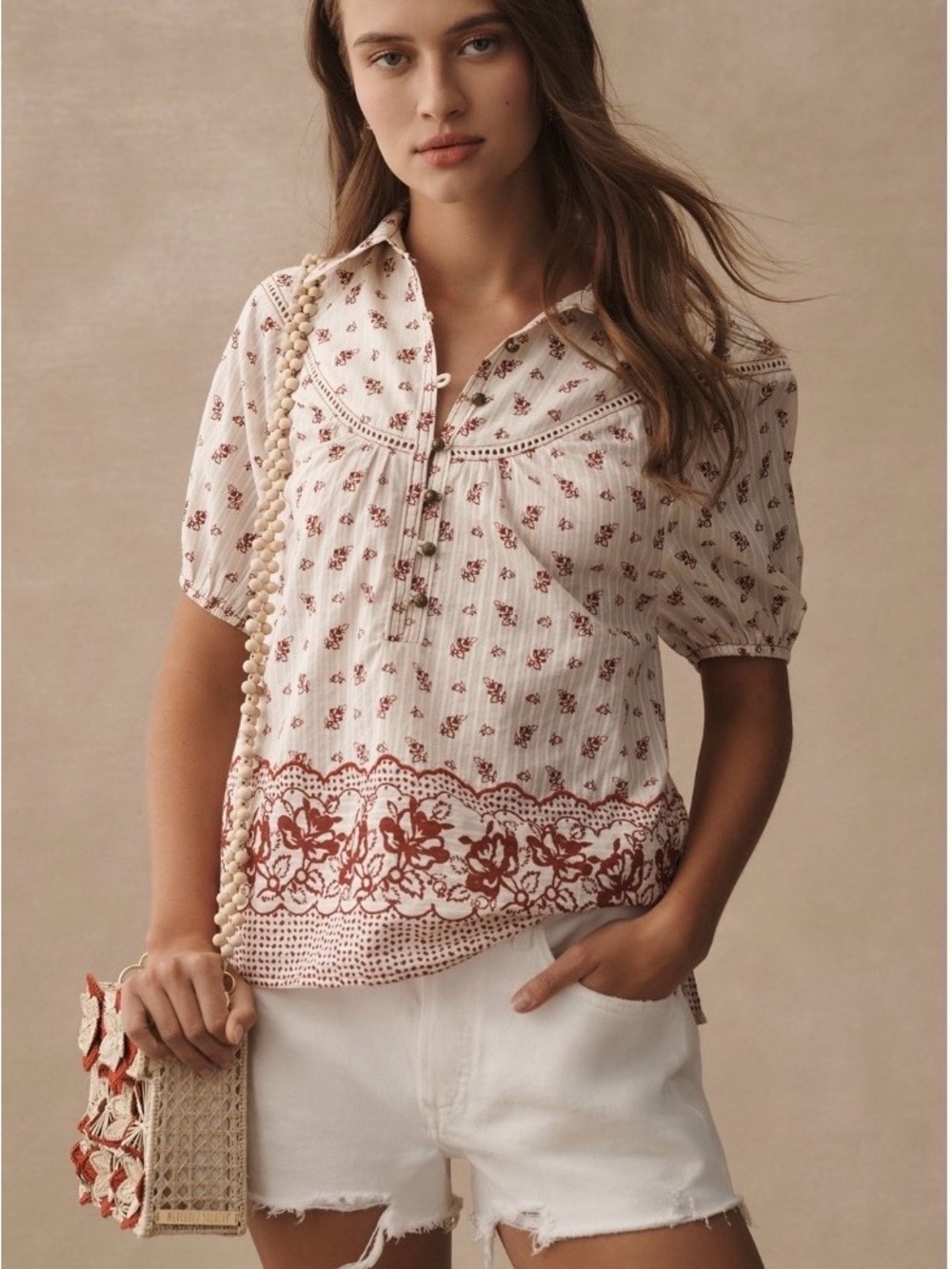 Pilcro Cream Peasant Top with Rust Floral Border